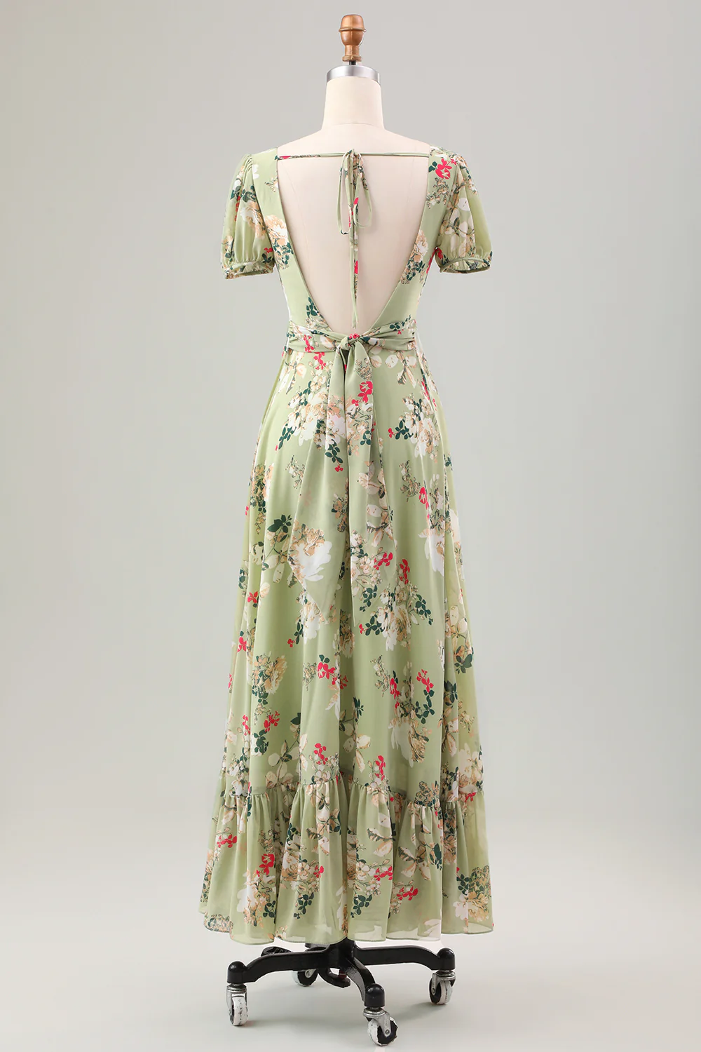 Green Flower A Line V Neck Backless Long Wedding Party Guest Dress with Short Sleeves - Image 4