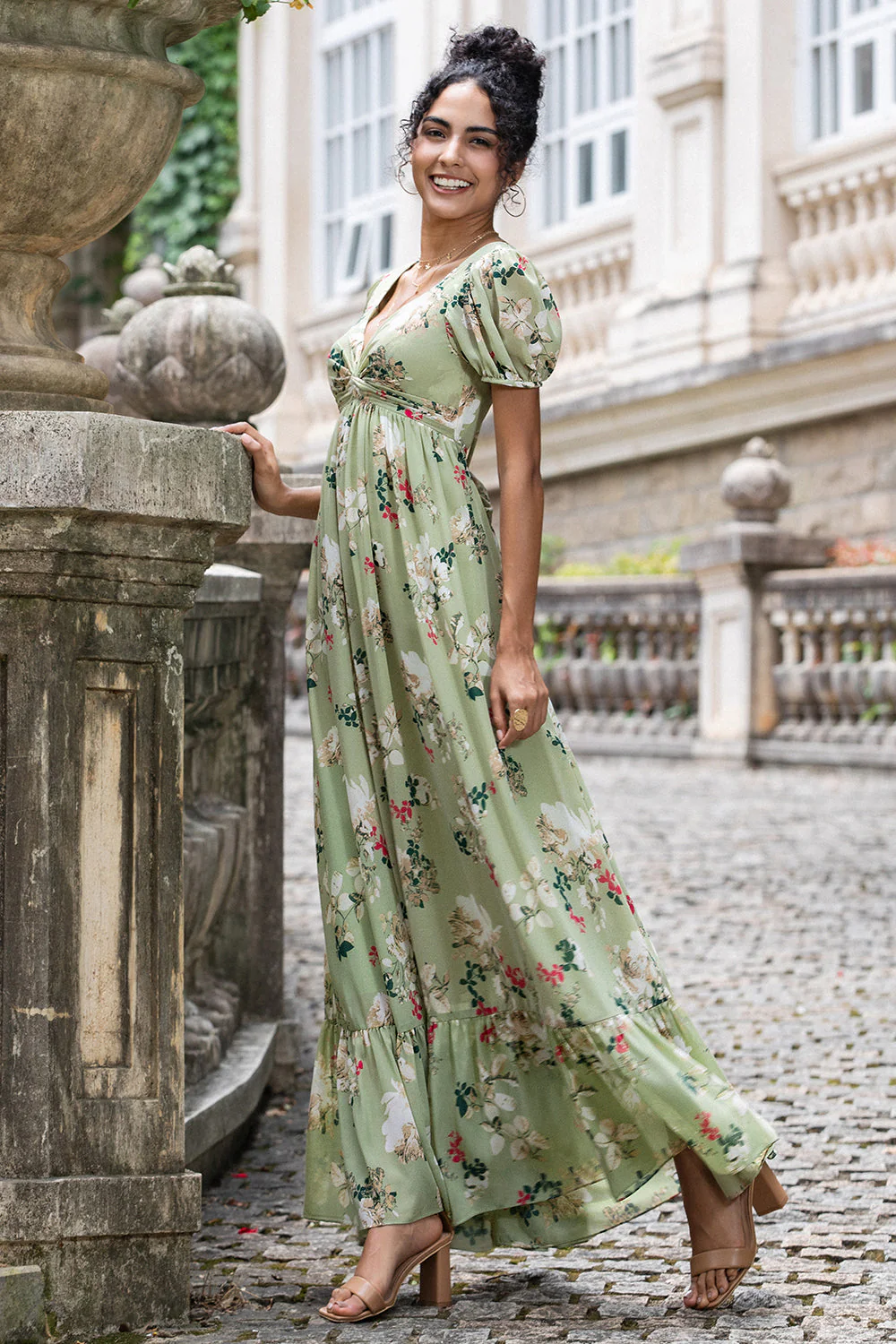 Green Flower A Line V Neck Backless Long Wedding Party Guest Dress with Short Sleeves - Image 5