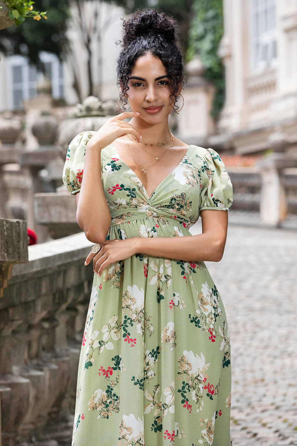 Green Flower A Line V Neck Backless Long Wedding Party Guest Dress with Short Sleeves - Image 8