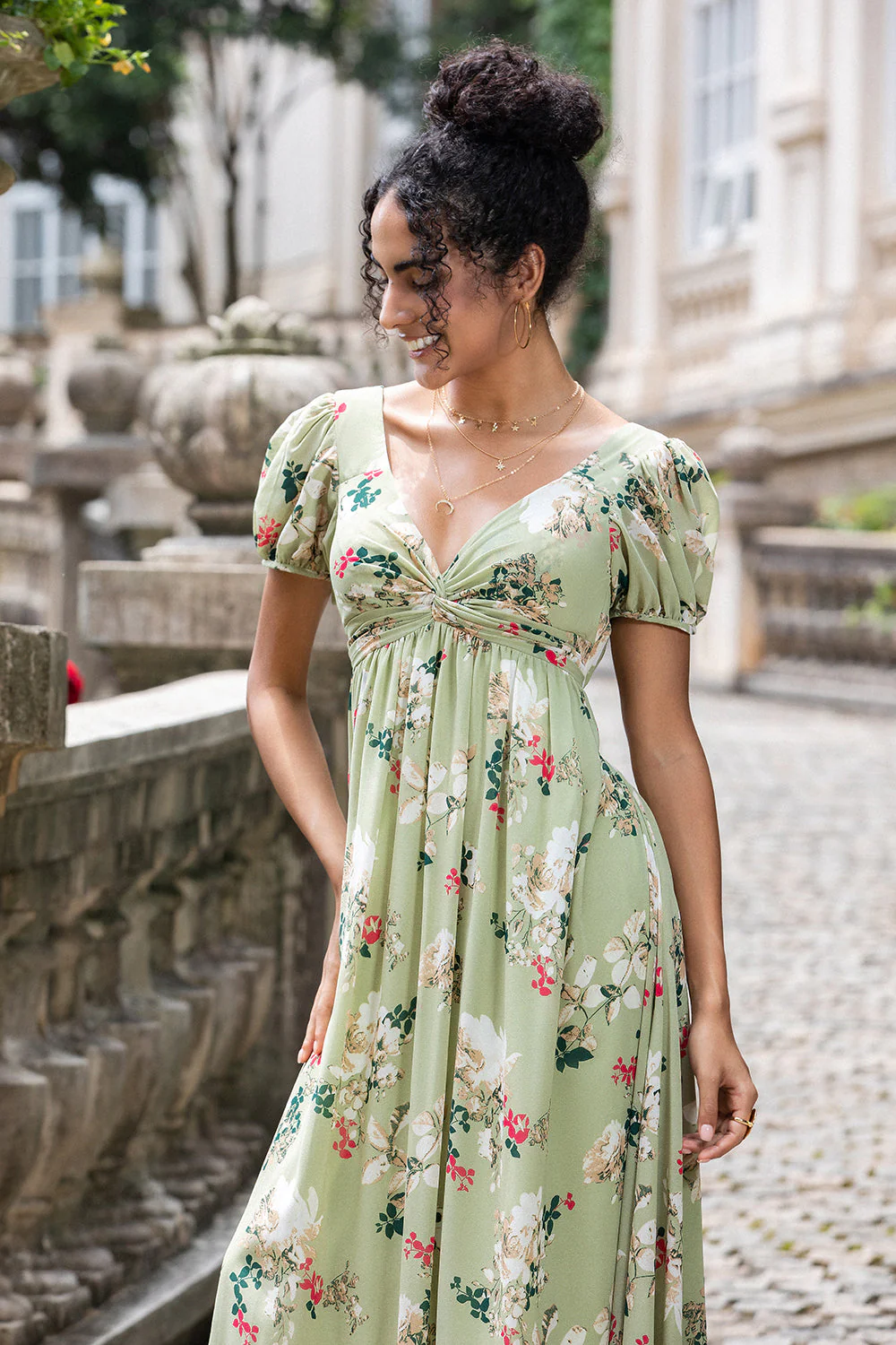 Green Flower A Line V Neck Backless Long Wedding Party Guest Dress with Short Sleeves - Image 9