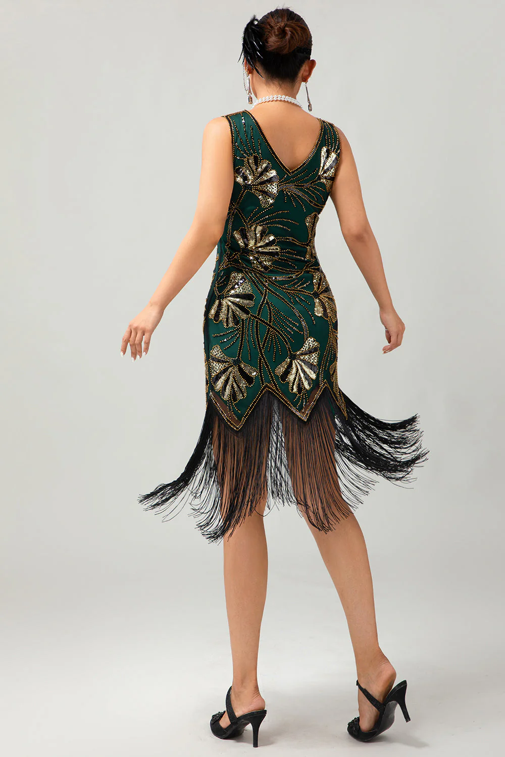 Green Golden Beaded Fringe 1920s Dress with 4-Piece Accessories Set - Image 3
