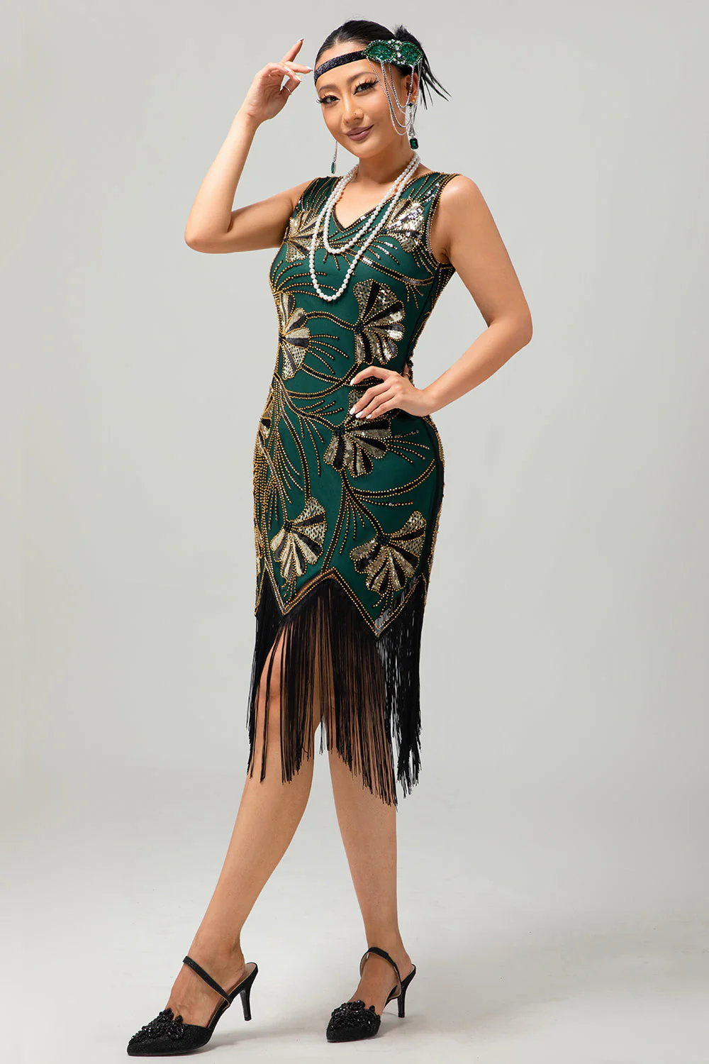 Green Golden Beaded Fringe 1920s Dress with 4-Piece Accessories Set - Image 4