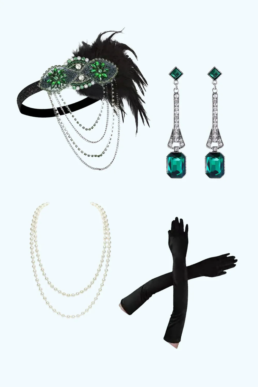 Green Golden Beaded Fringe 1920s Dress with 4-Piece Accessories Set - Image 6
