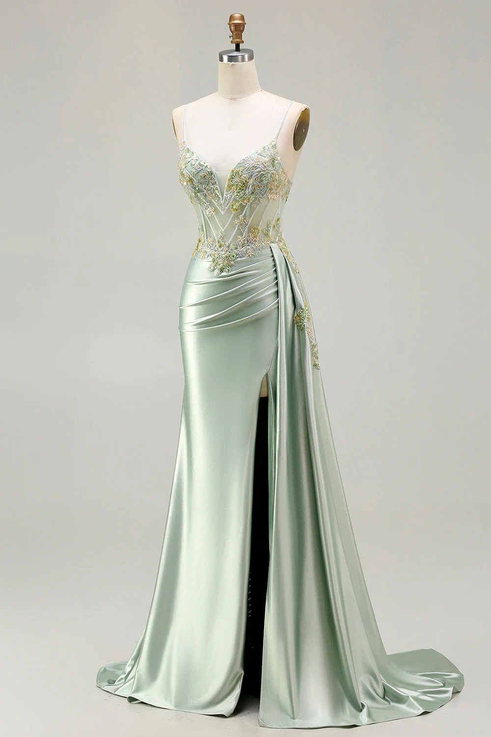 Green Mermaid Beaded Corset Appliqued Satin Long Prom Dress with Slit - Image 3
