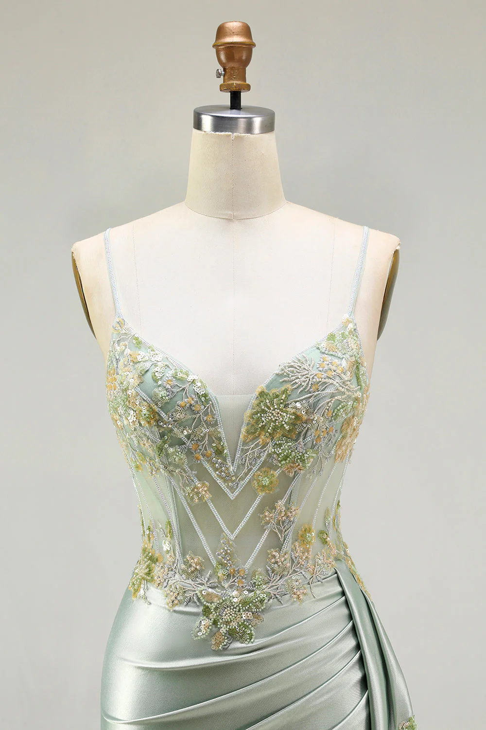 Green Mermaid Beaded Corset Appliqued Satin Long Prom Dress with Slit - Image 4