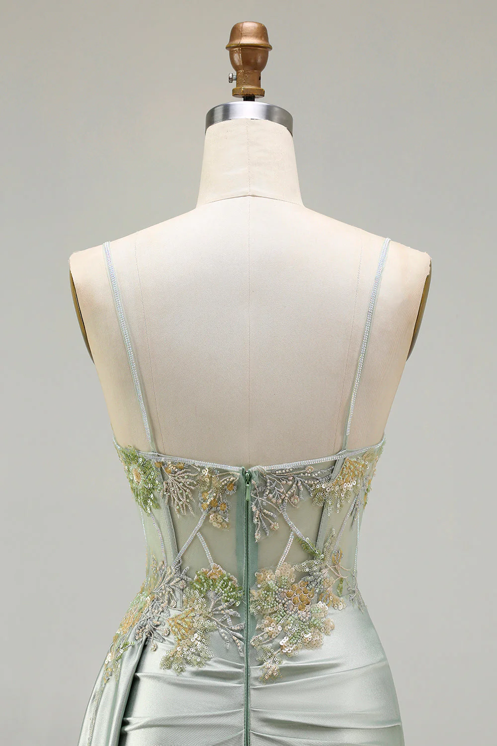 Green Mermaid Beaded Corset Appliqued Satin Long Prom Dress with Slit - Image 5