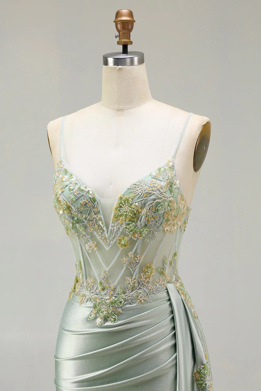 Green Mermaid Beaded Corset Appliqued Satin Long Prom Dress with Slit - Image 6