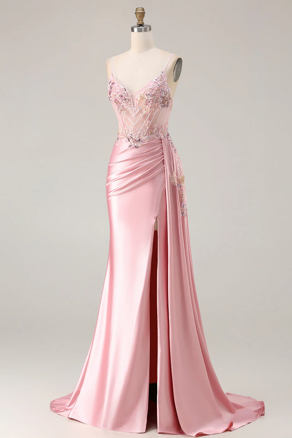 Green Mermaid Beaded Corset Appliqued Satin Long Prom Dress with Slit - Image 9