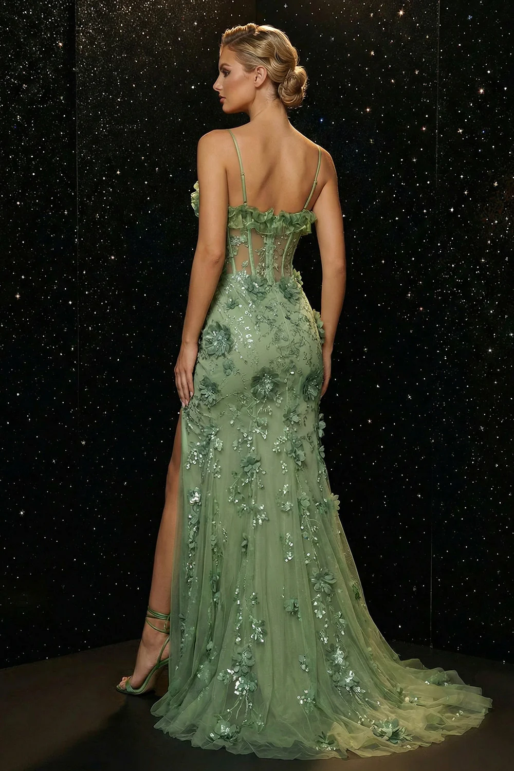 Green Mermaid Corset 3D Flowers Long Evening Dress with Slit - Image 2