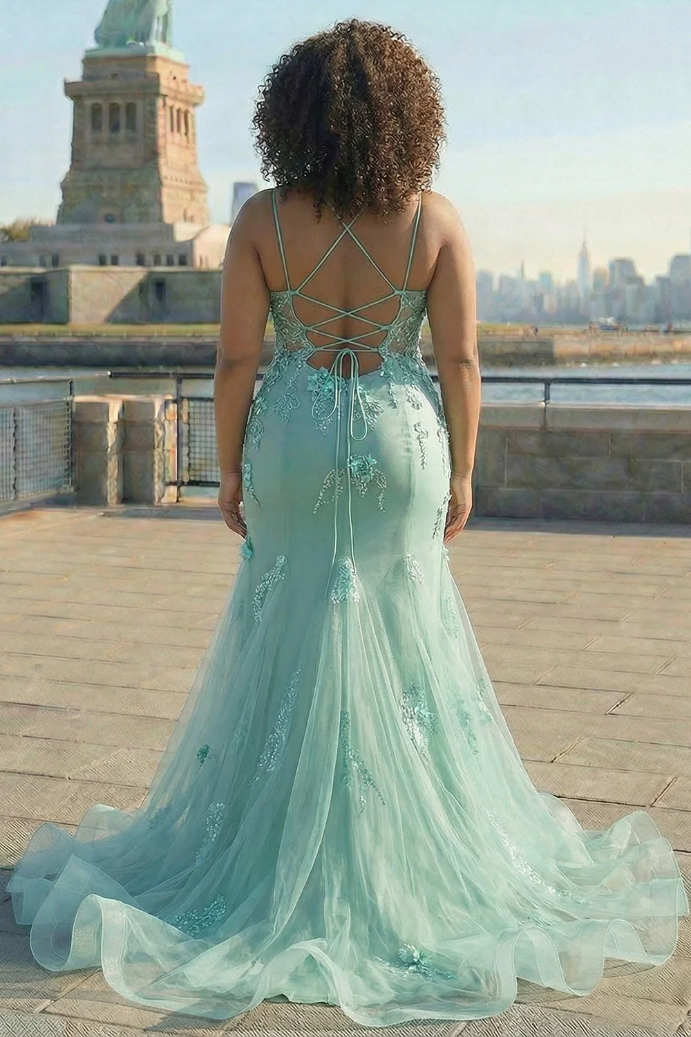 Green Mermaid Corset 3D Flowers Plus Size Long Prom Dress with Lace Up Back - Image 2
