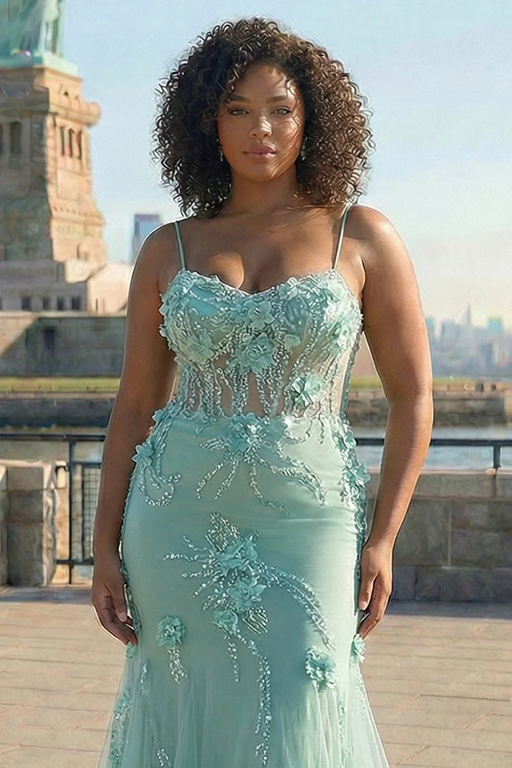 Green Mermaid Corset 3D Flowers Plus Size Long Prom Dress with Lace Up Back - Image 3