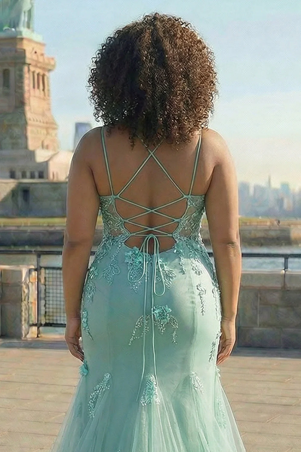 Green Mermaid Corset 3D Flowers Plus Size Long Prom Dress with Lace Up Back - Image 4