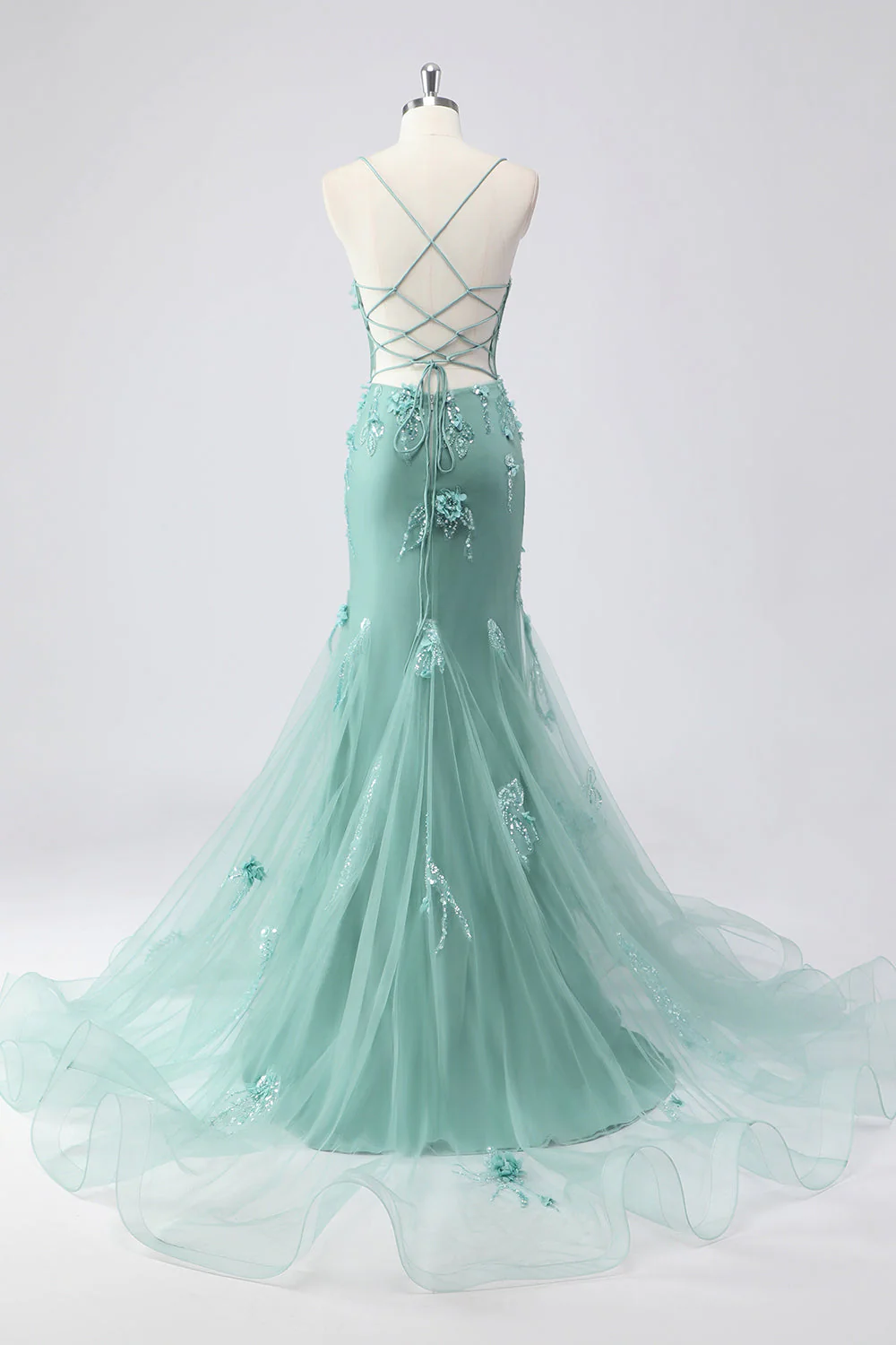 Green Mermaid Corset 3D Flowers Plus Size Long Prom Dress with Lace Up Back - Image 6