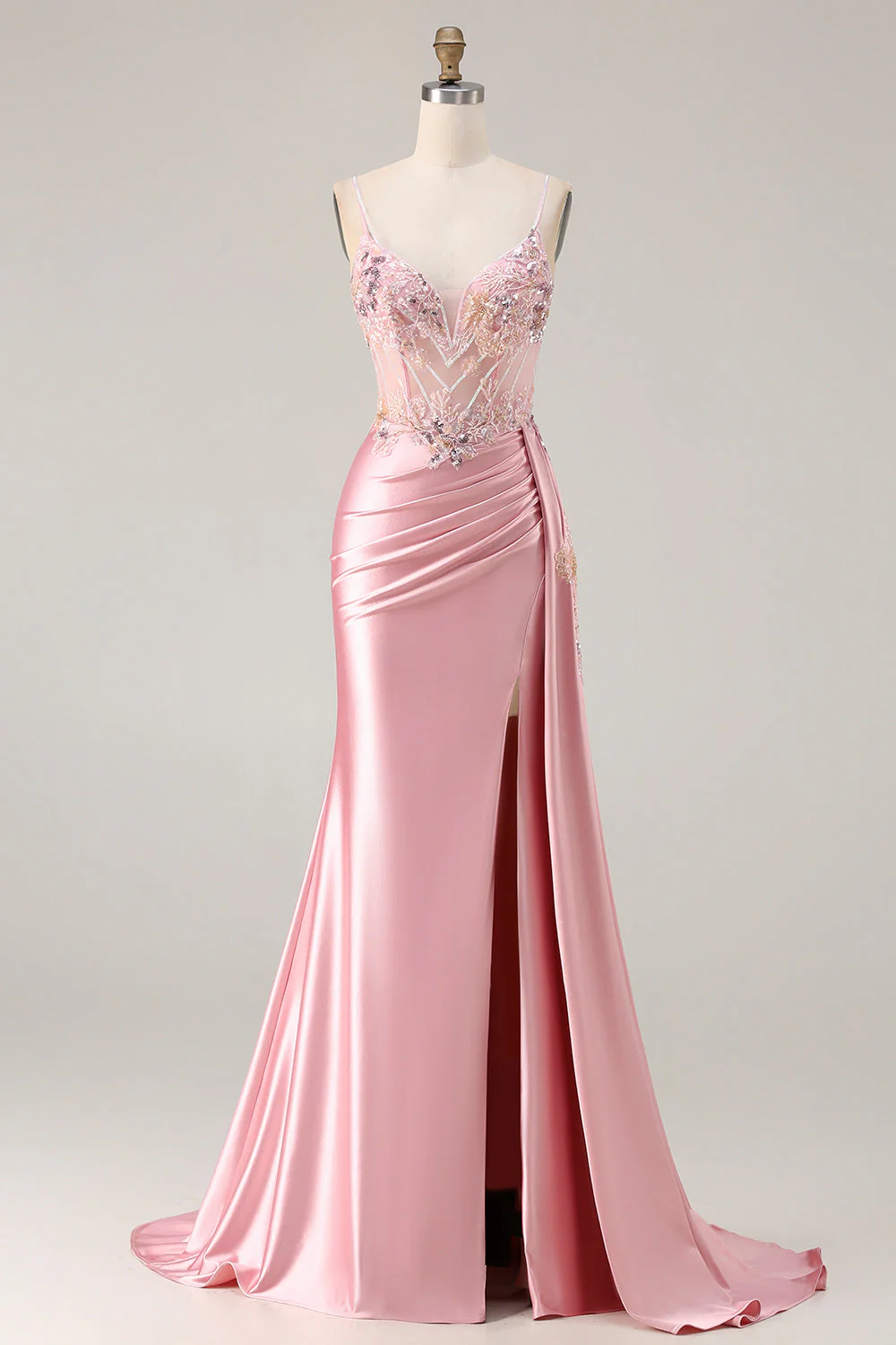 Green Mermaid Corset Beaded Satin Long Prom Dress with Side Drape - Image 17