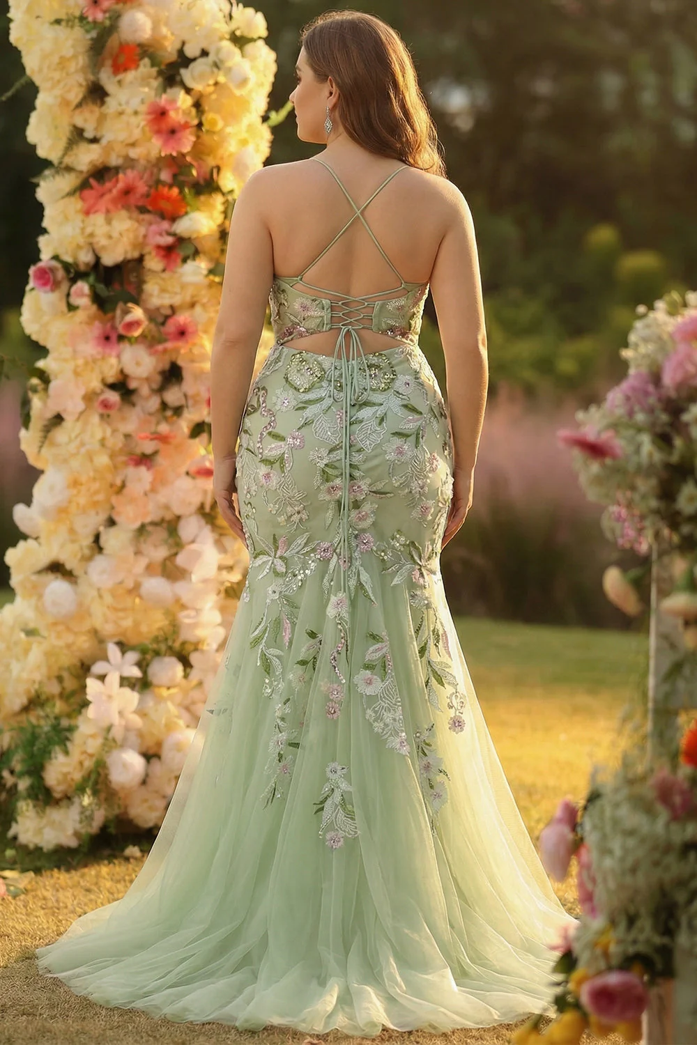 Green Mermaid Corset Embroidered Long Plus Size Prom Dress with Slit - Image 2