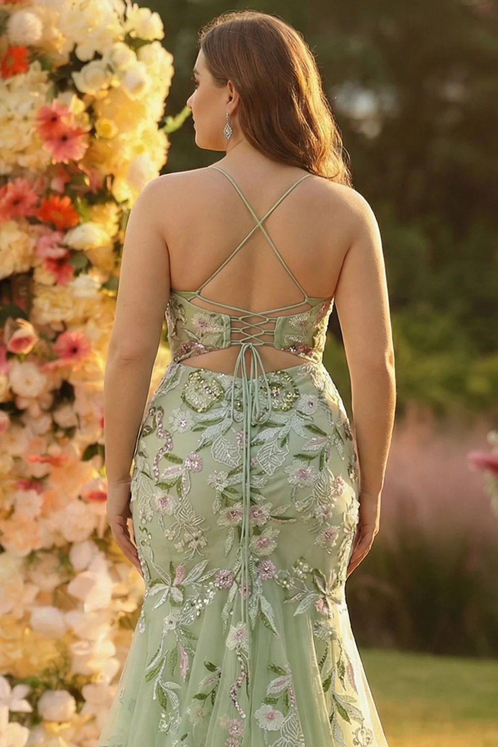 Green Mermaid Corset Embroidered Long Plus Size Prom Dress with Slit - Image 4
