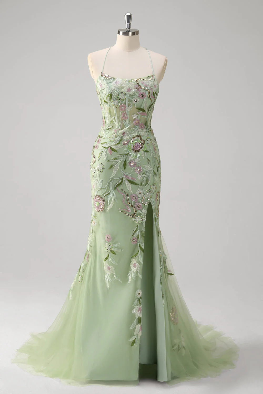 Green Mermaid Corset Embroidered Long Plus Size Prom Dress with Slit - Image 5