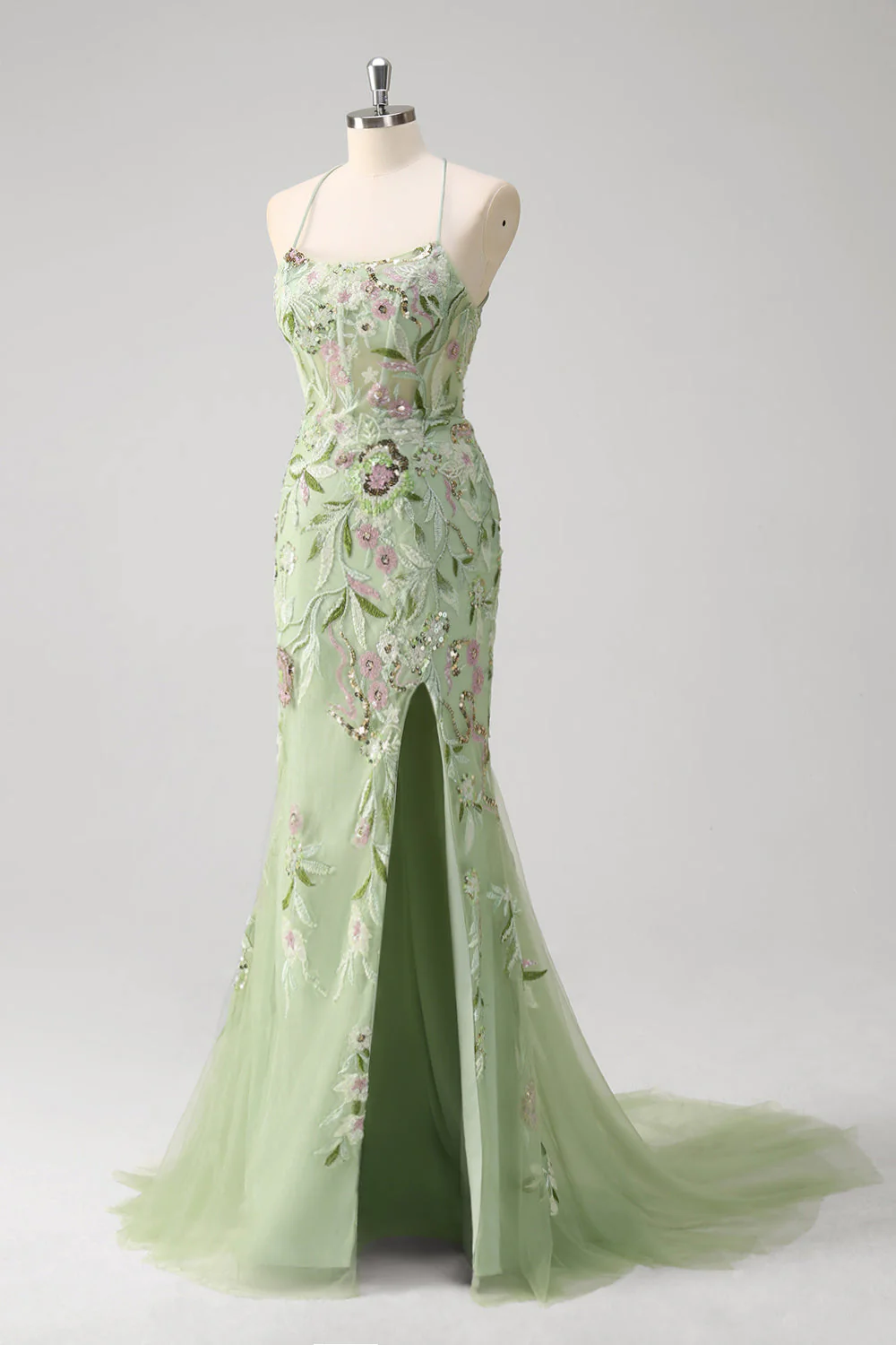 Green Mermaid Corset Embroidered Long Plus Size Prom Dress with Slit - Image 7