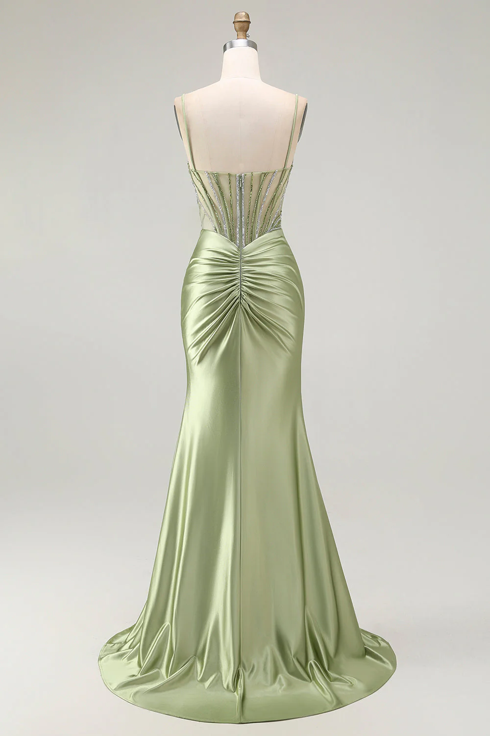Green Mermaid Corset Ruched Satin Prom Dress with Slit - Image 2