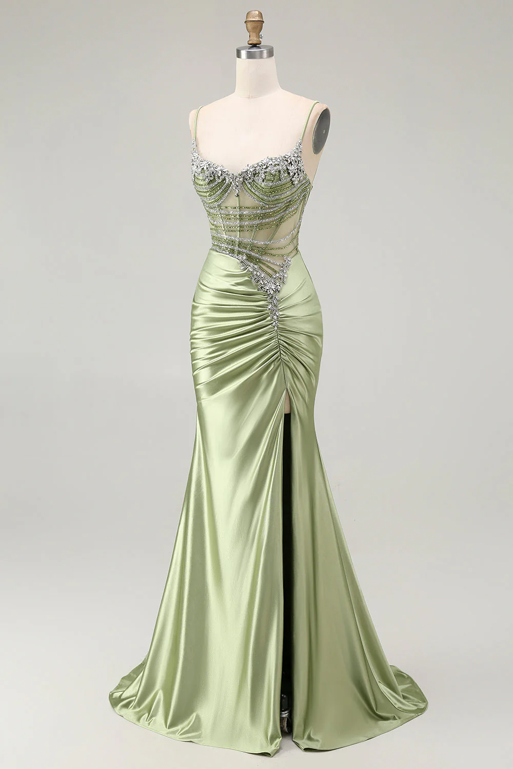 Green Mermaid Corset Ruched Satin Prom Dress with Slit - Image 5