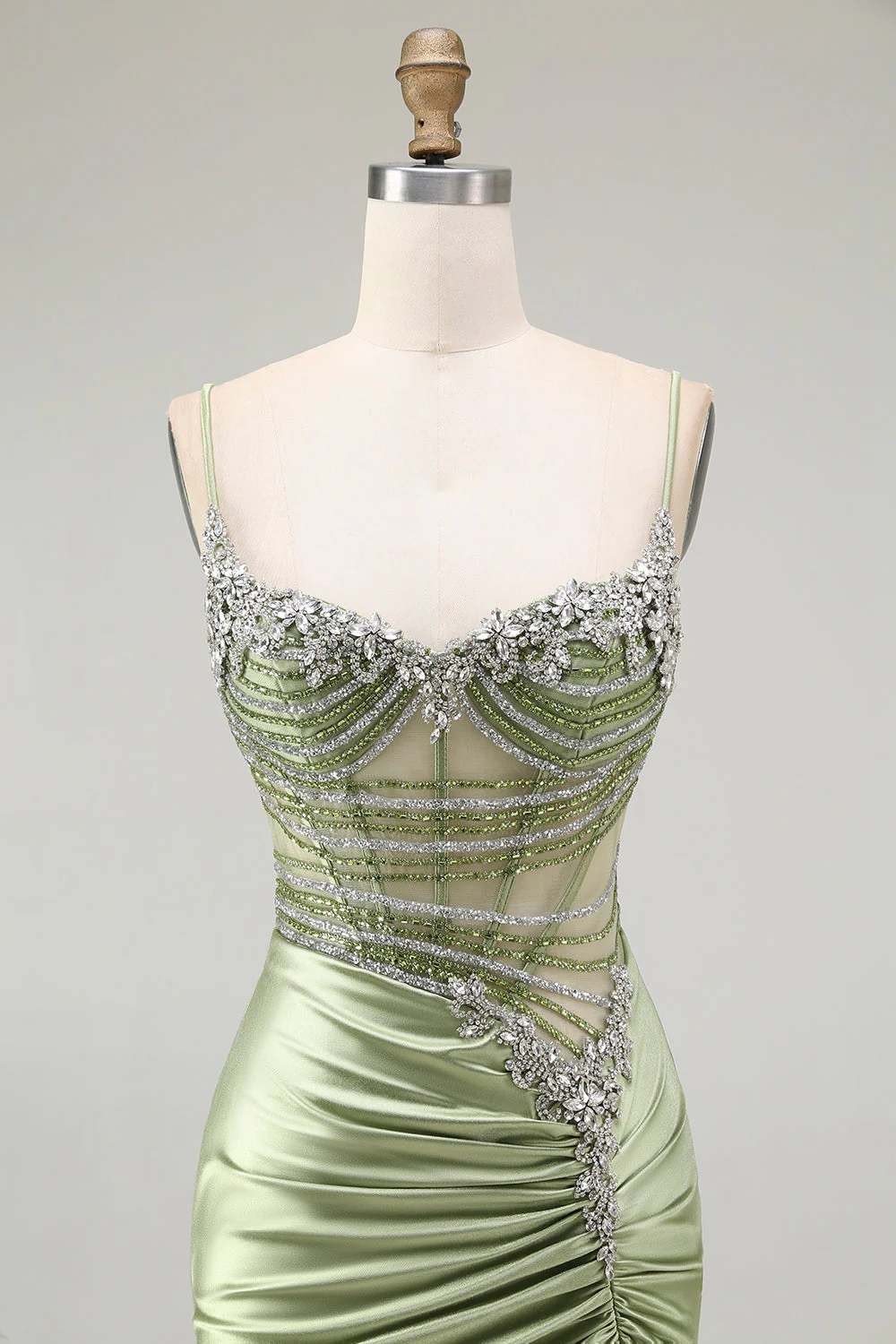 Green Mermaid Corset Ruched Satin Prom Dress with Slit - Image 6