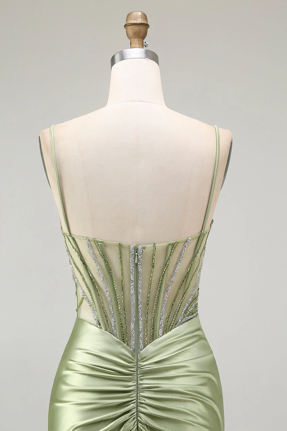 Green Mermaid Corset Ruched Satin Prom Dress with Slit - Image 7