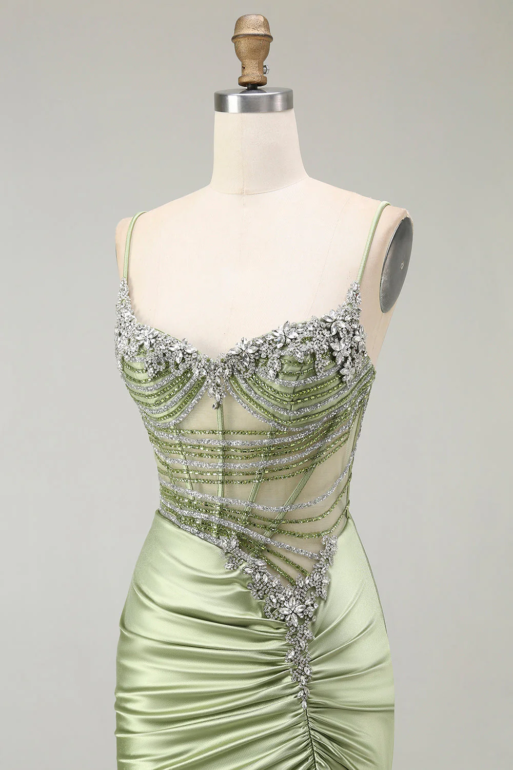 Green Mermaid Corset Ruched Satin Prom Dress with Slit - Image 8