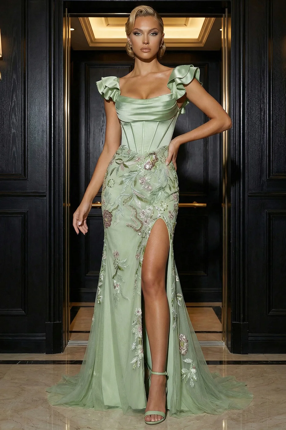 Green Mermaid Embroidered Corset Sequin Long Evening Dress with Slit - Image 3