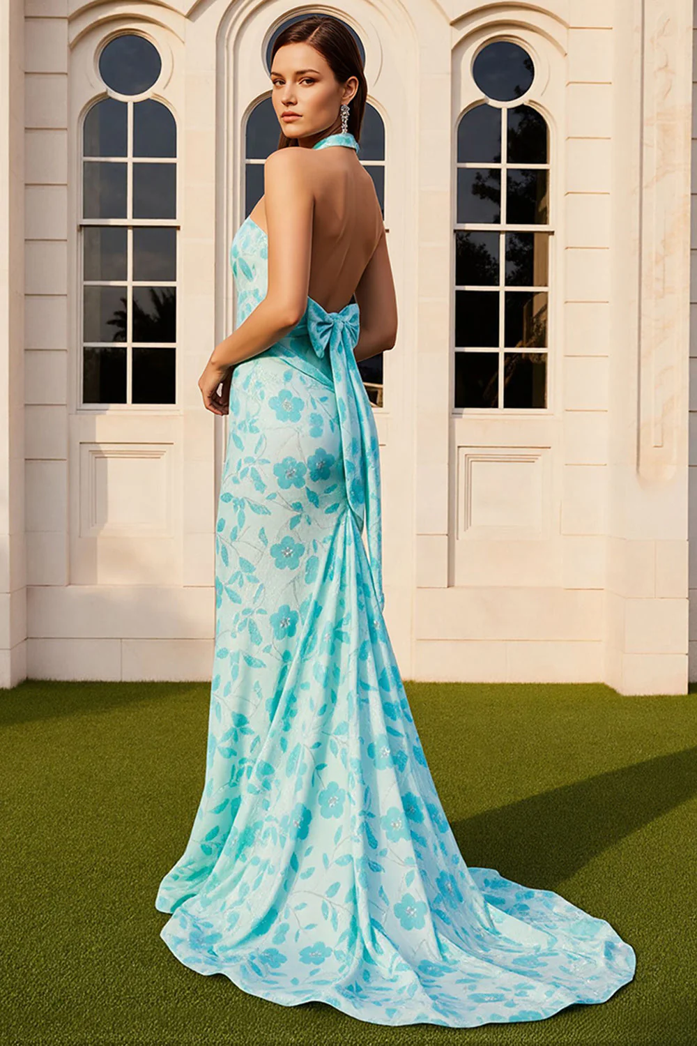 Green Mermaid Halter Printed Long Prom Dress with Bow - Image 2
