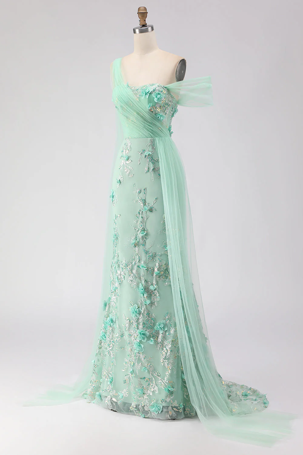 Green Mermaid One Shoulder 3D Flower Sequins Long Prom Dress with Streamer - Image 3