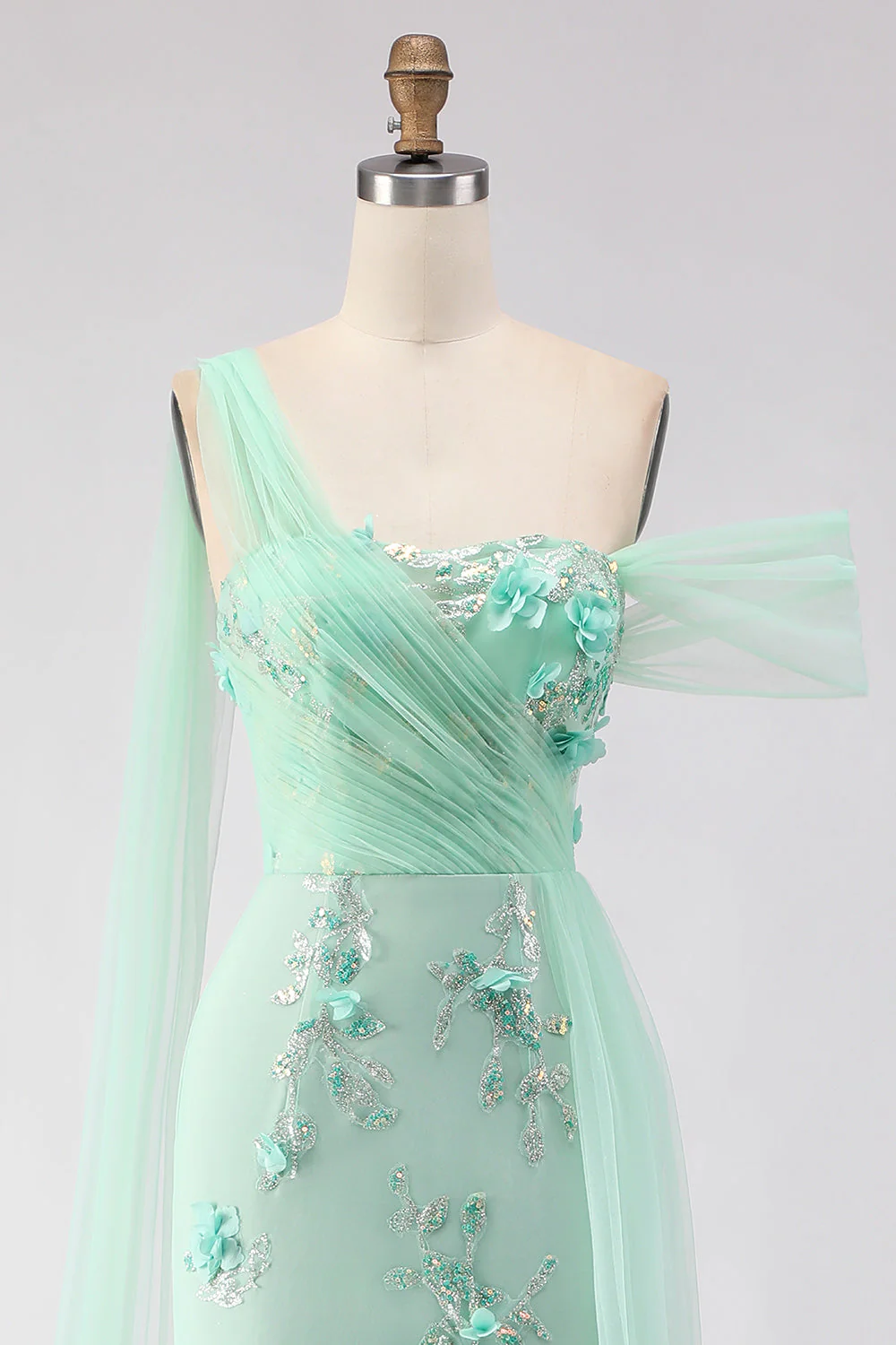 Green Mermaid One Shoulder 3D Flower Sequins Long Prom Dress with Streamer - Image 4
