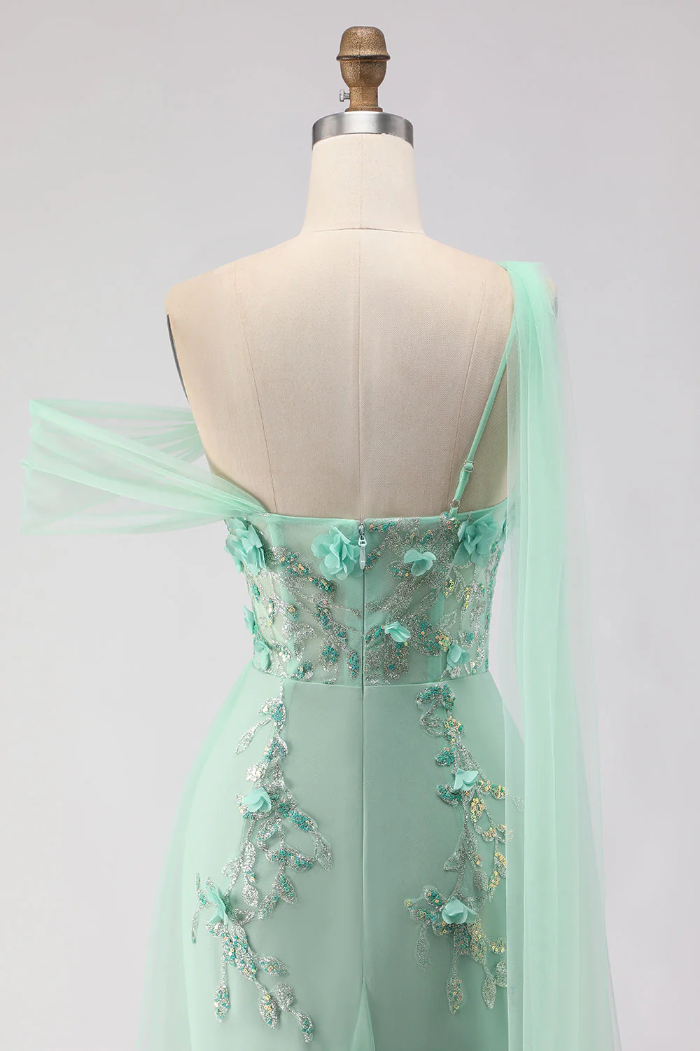 Green Mermaid One Shoulder 3D Flower Sequins Long Prom Dress with Streamer - Image 5