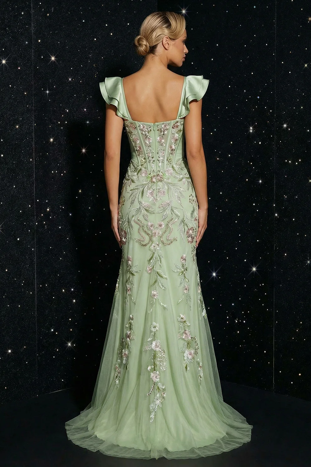 Green Mermaid Sequins Corset Floral Long Evening Dress with Slit - Image 2