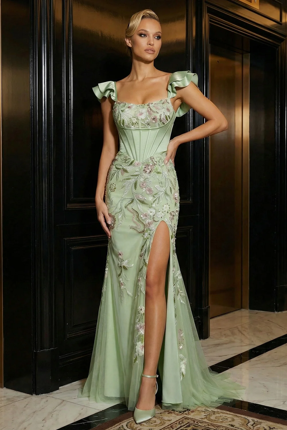 Green Mermaid Sequins Corset Floral Long Evening Dress with Slit - Image 3