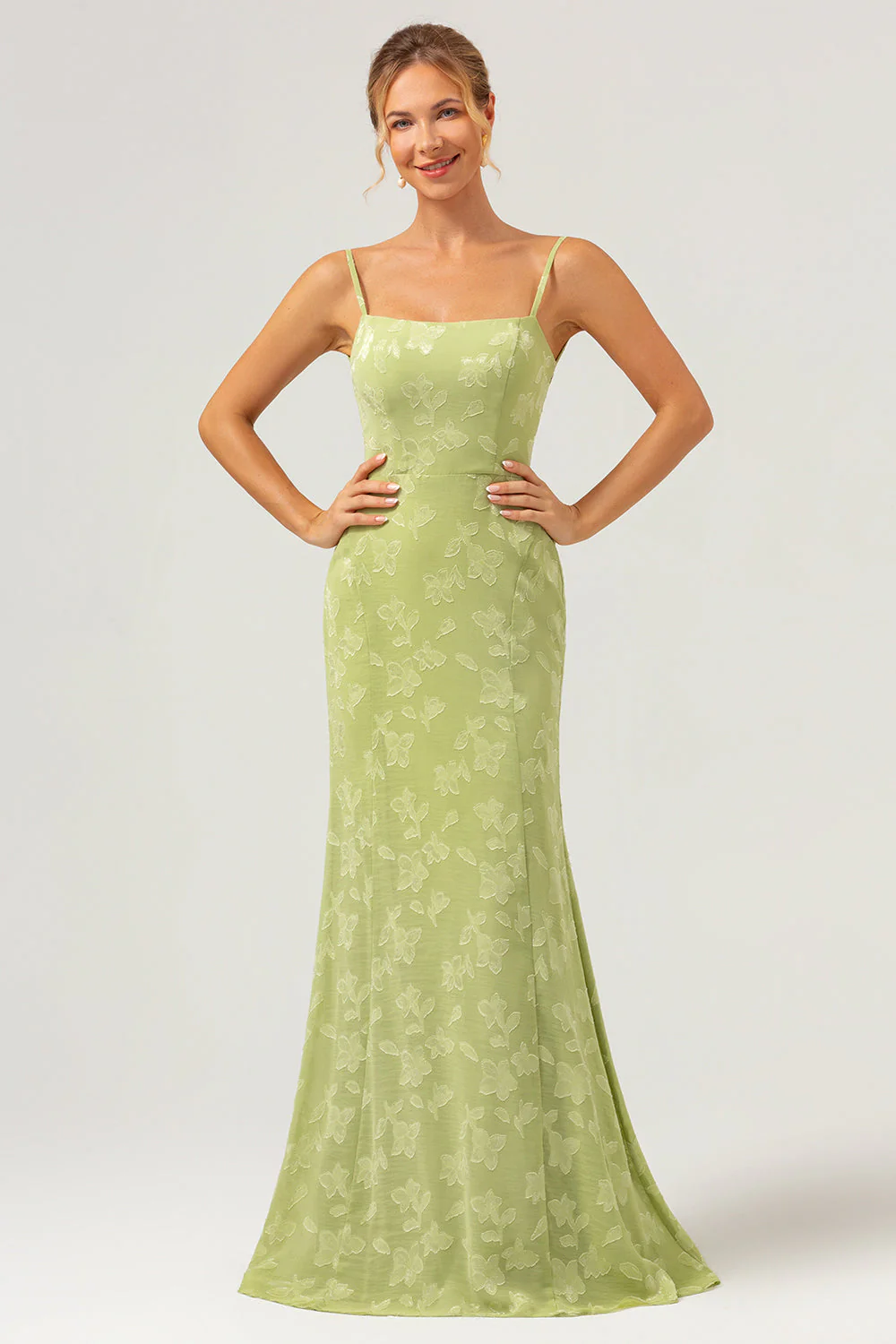 Green Embroidery Mermaid Bridesmaid Dress with Lace Up Back - Image 3