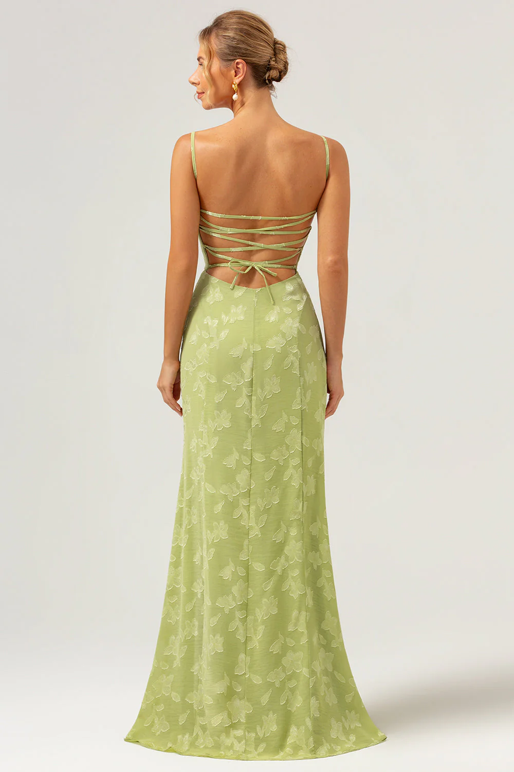 Green Embroidery Mermaid Bridesmaid Dress with Lace Up Back - Image 4