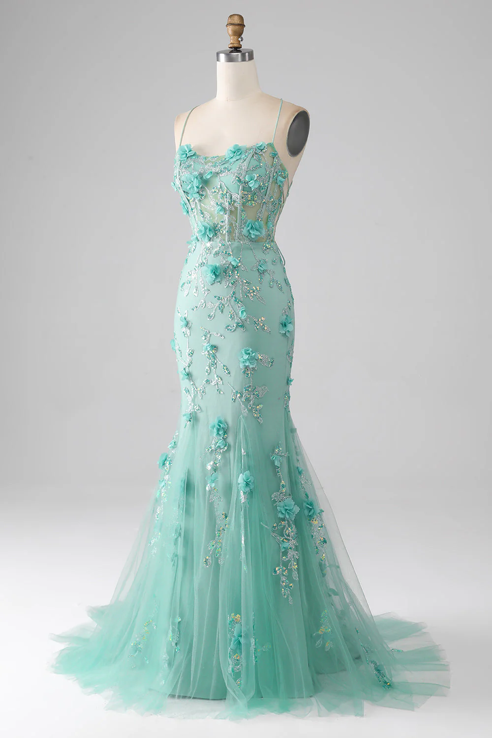 Green Mermaid Spaghetti Straps Long Prom Dress with Appliques - Image 3