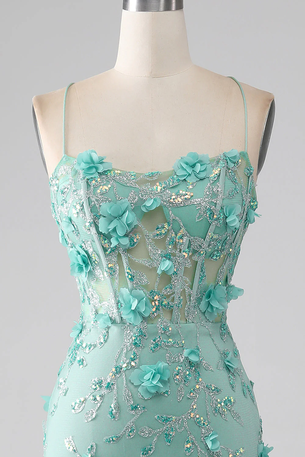 Green Mermaid Spaghetti Straps Long Prom Dress with Appliques - Image 4
