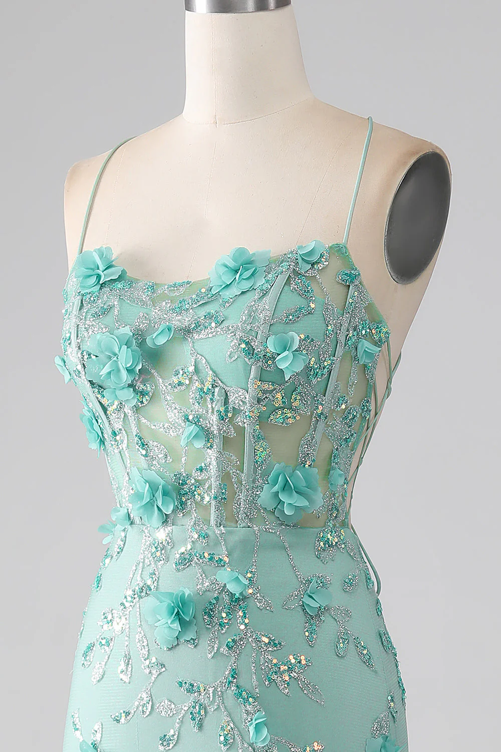 Green Mermaid Spaghetti Straps Long Prom Dress with Appliques - Image 6
