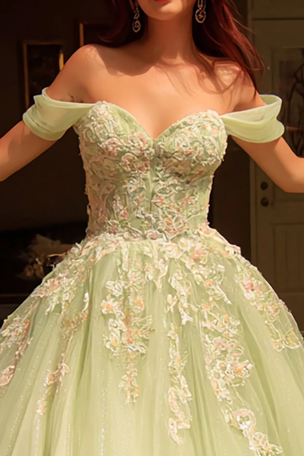 Green Off The Shoulder Ball-Gown Appliqued Quinceanera Dress - Image 2