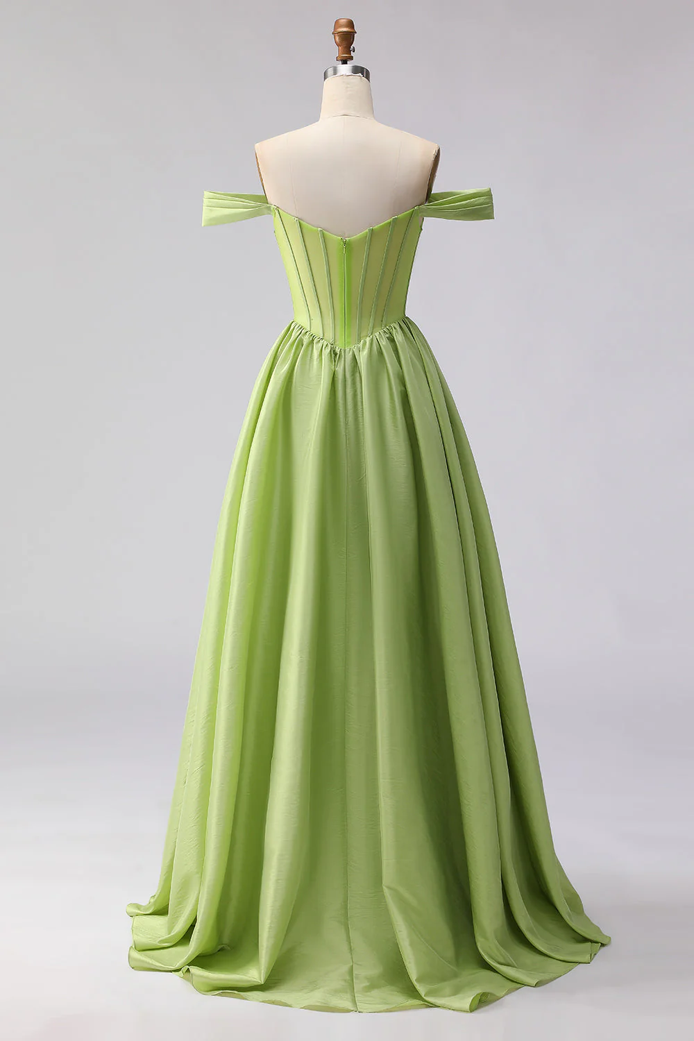 Green Off The Shoulder Satin A-Line Corset Long Prom Dress with Slit - Image 2