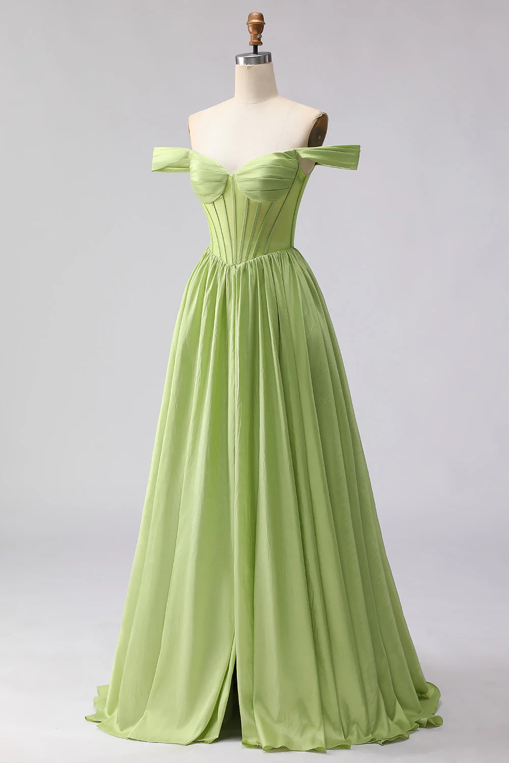 Green Off The Shoulder Satin A-Line Corset Long Prom Dress with Slit - Image 3