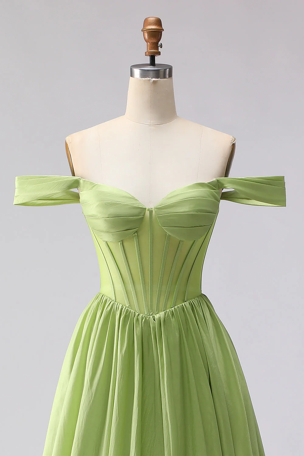 Green Off The Shoulder Satin A-Line Corset Long Prom Dress with Slit - Image 4