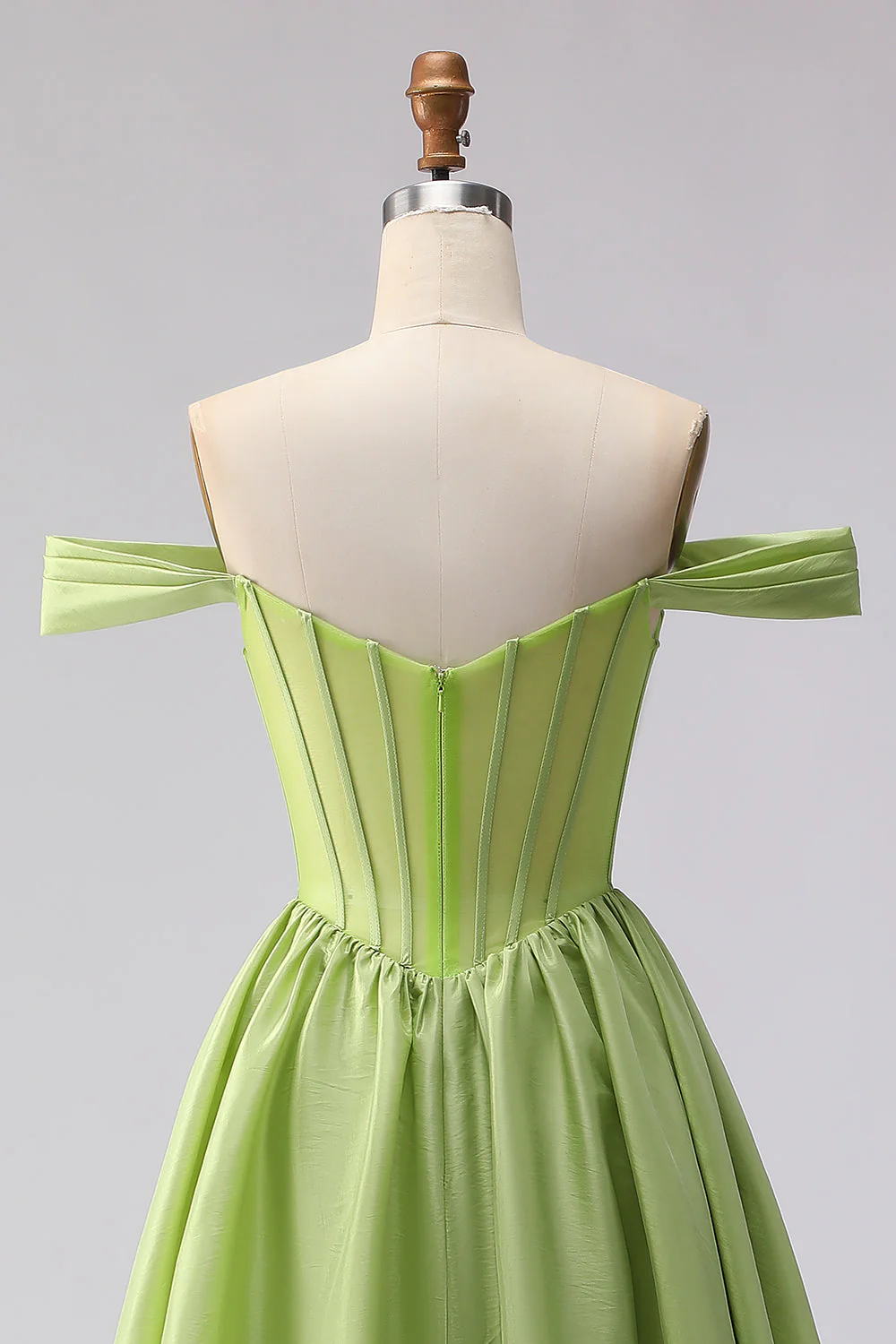 Green Off The Shoulder Satin A-Line Corset Long Prom Dress with Slit - Image 5