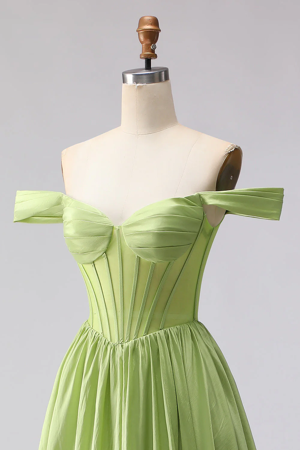 Green Off The Shoulder Satin A-Line Corset Long Prom Dress with Slit - Image 6
