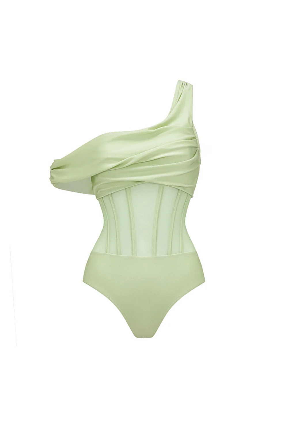 Green One Shoulder Corset Ruched Swimsuit with Cover Up - Image 2