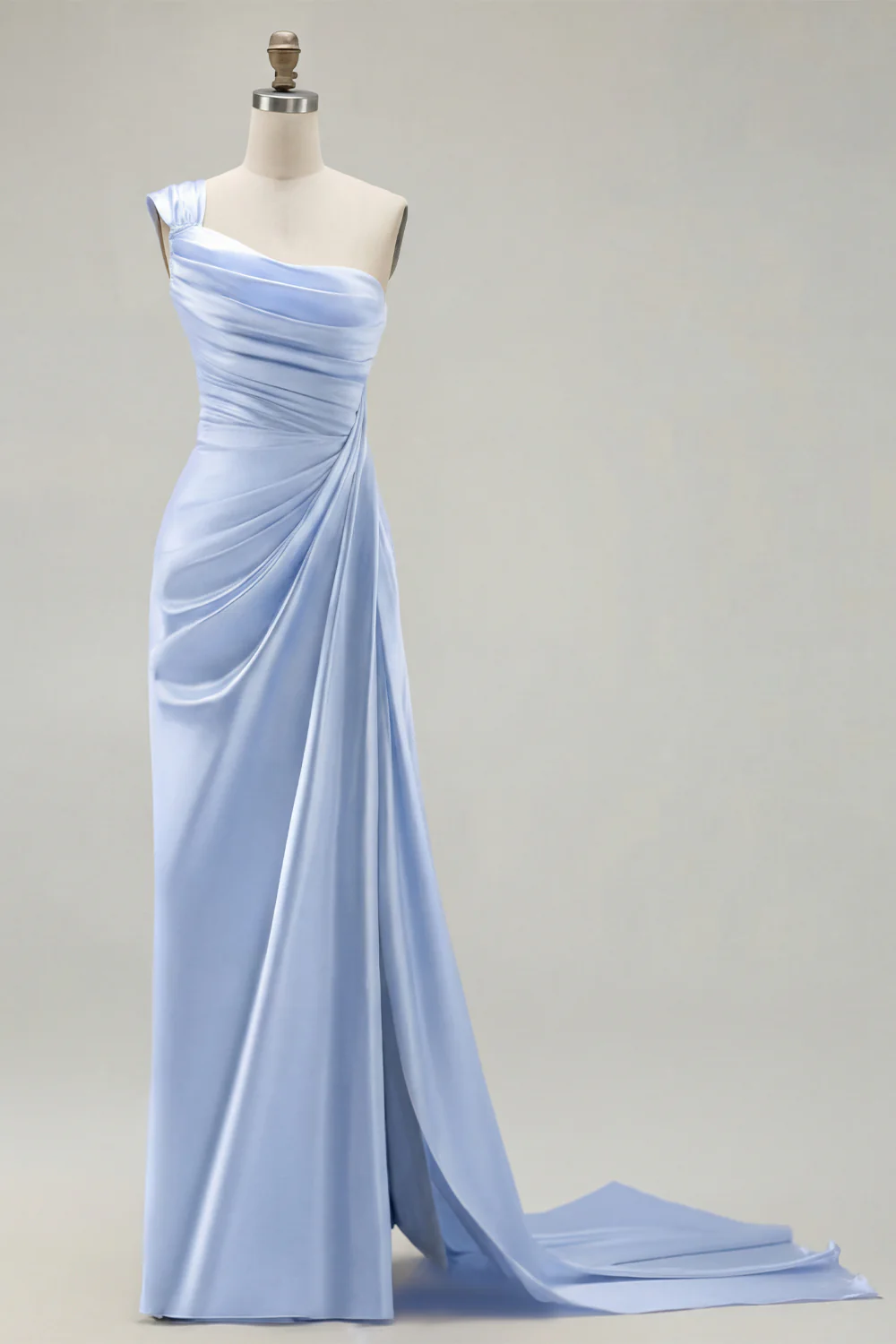 Green One Shoulder Ruched Sheath Long Prom Dress with Slit - Image 10