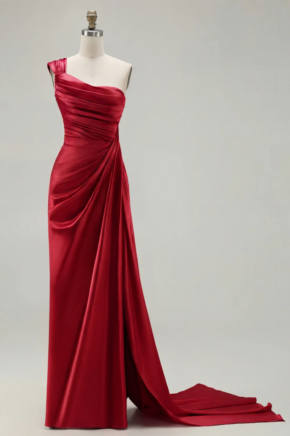 Green One Shoulder Ruched Sheath Long Prom Dress with Slit - Image 12