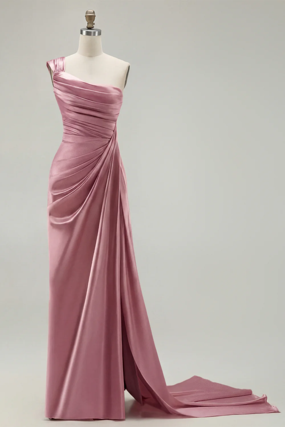 Green One Shoulder Ruched Sheath Long Prom Dress with Slit - Image 16