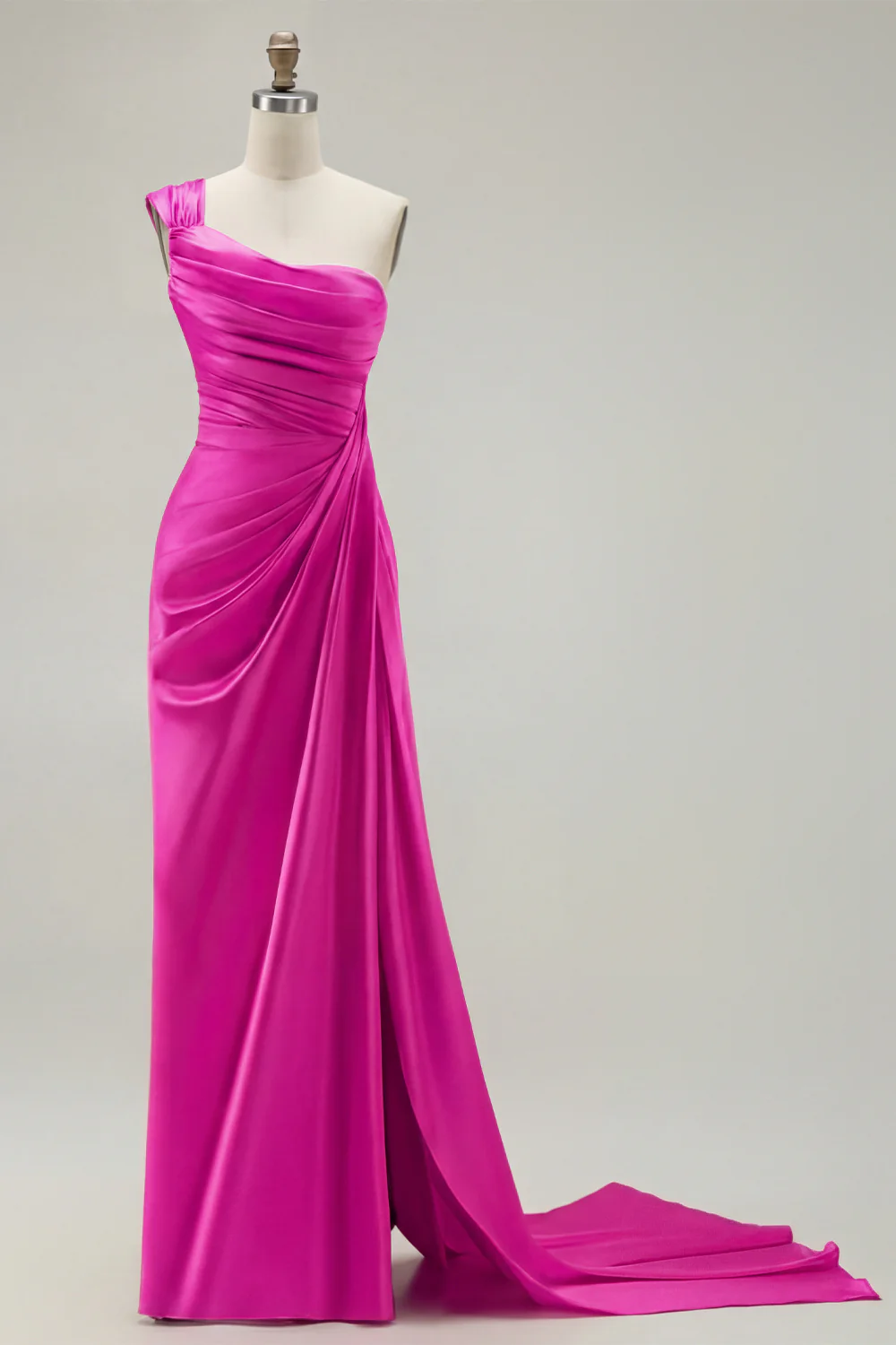 Green One Shoulder Ruched Sheath Long Prom Dress with Slit - Image 18